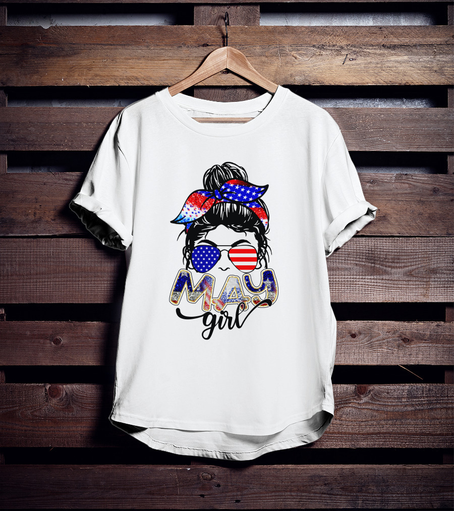 May Girl American Flag Sunglasses And Bandana T-Shirt