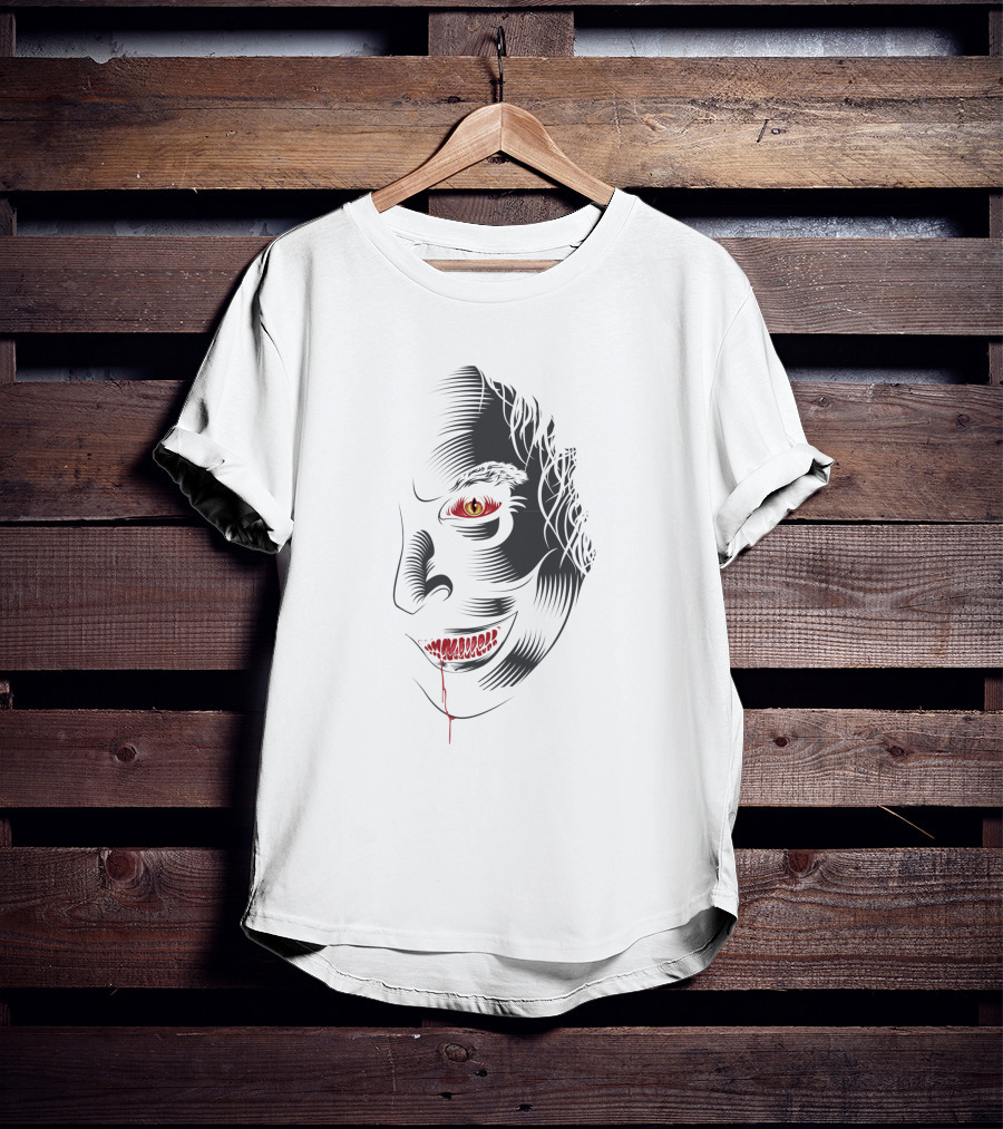 Aswang 1186733 Creepy Red-Eyed Smiling Face With Blood Drip T-Shirt