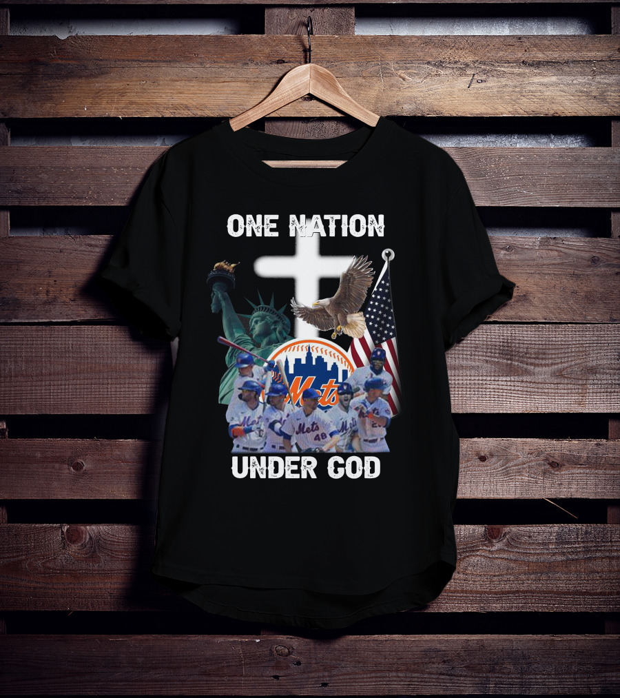 New York Mets One Nation Under God Liberty Eagle Flag Cross Baseball Players T-Shirt