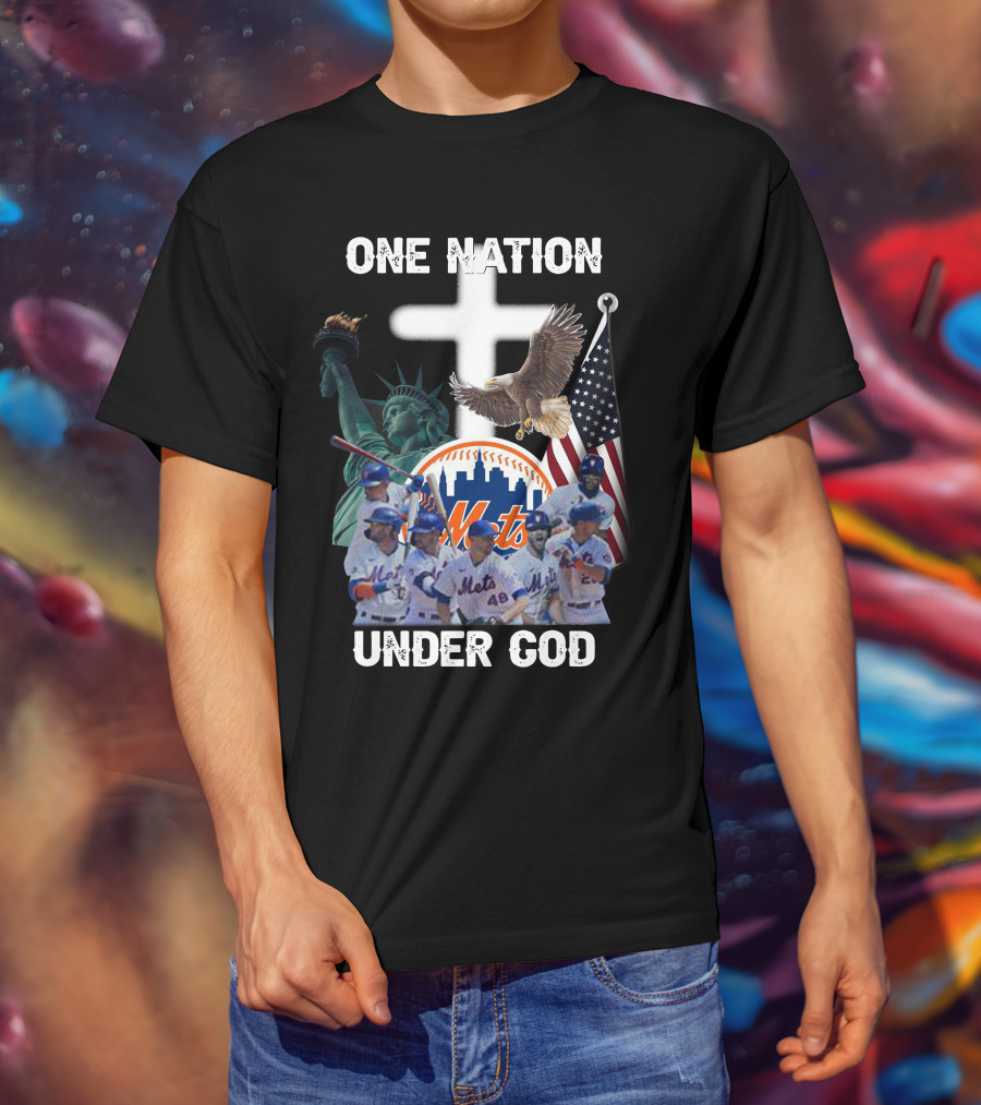 New York Mets One Nation Under God Liberty Eagle Flag Cross Baseball Players T-Shirt