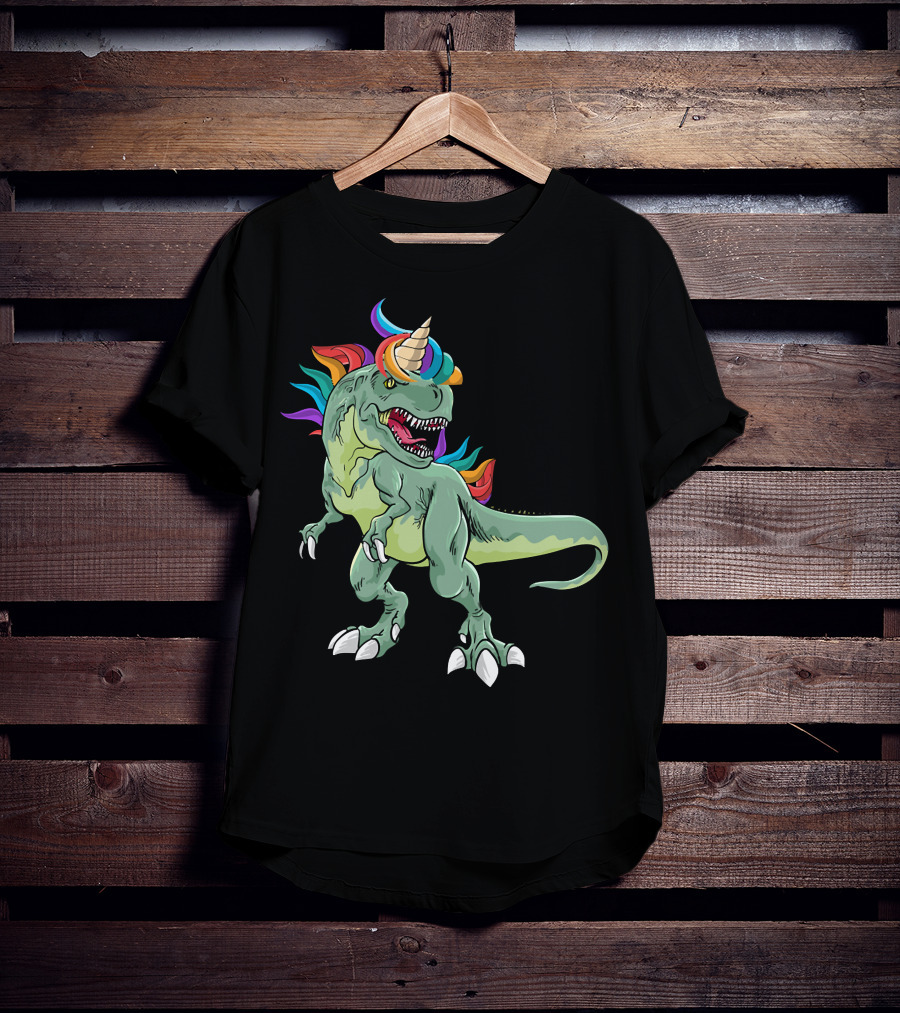 Unicorn Dinosaur Rex With Rainbow Mane And Horn T-Shirt