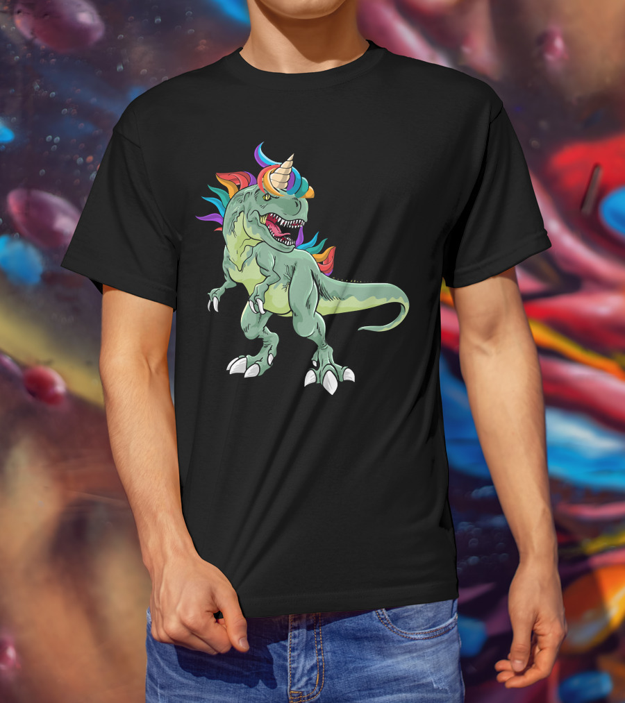 Unicorn Dinosaur Rex With Rainbow Mane And Horn T-Shirt
