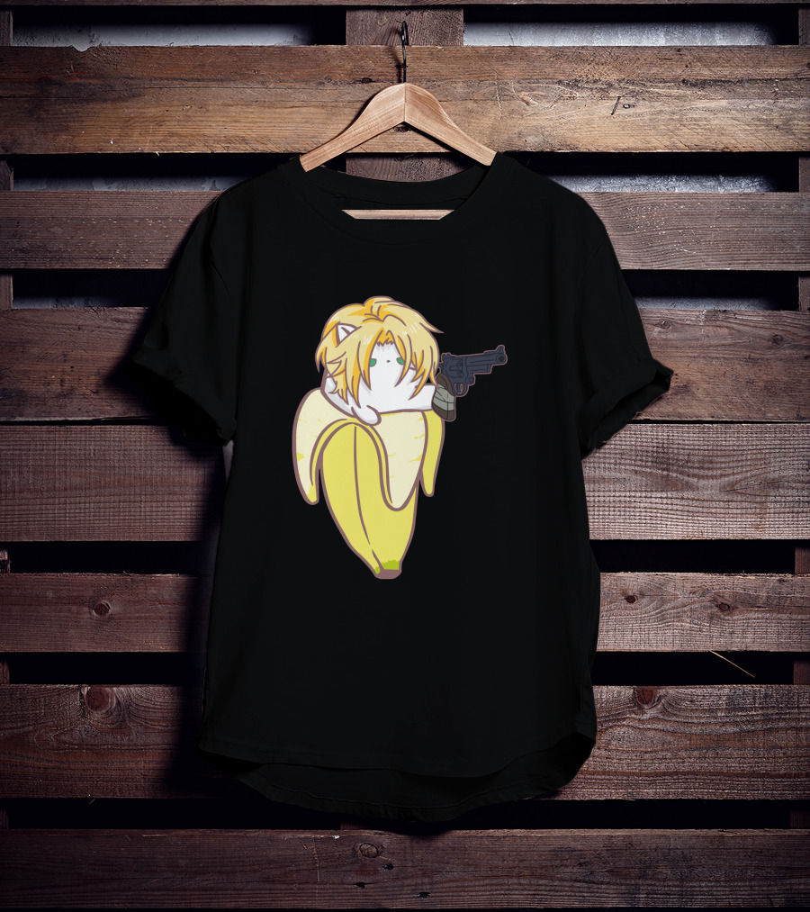 Bananya Fish 990217 Cat In Banana Costume With Toy Gun Anime T-Shirt