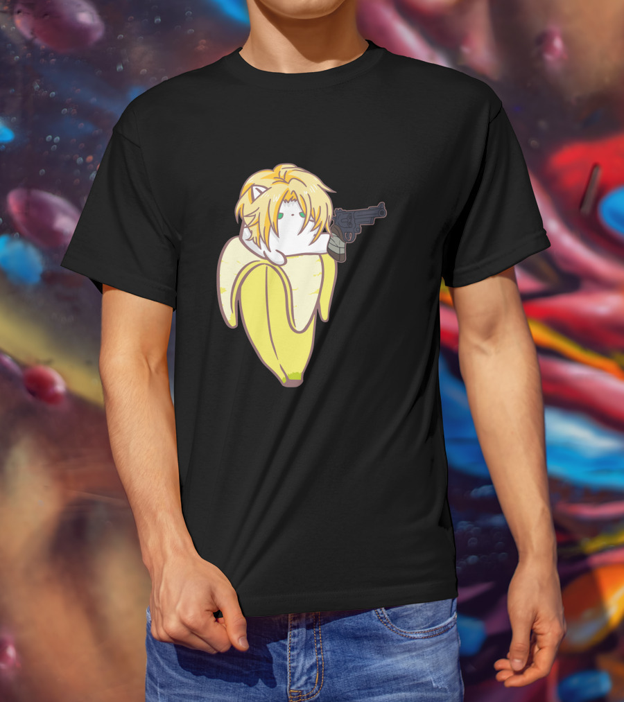 Bananya Fish 990217 Cat In Banana Costume With Toy Gun Anime T-Shirt