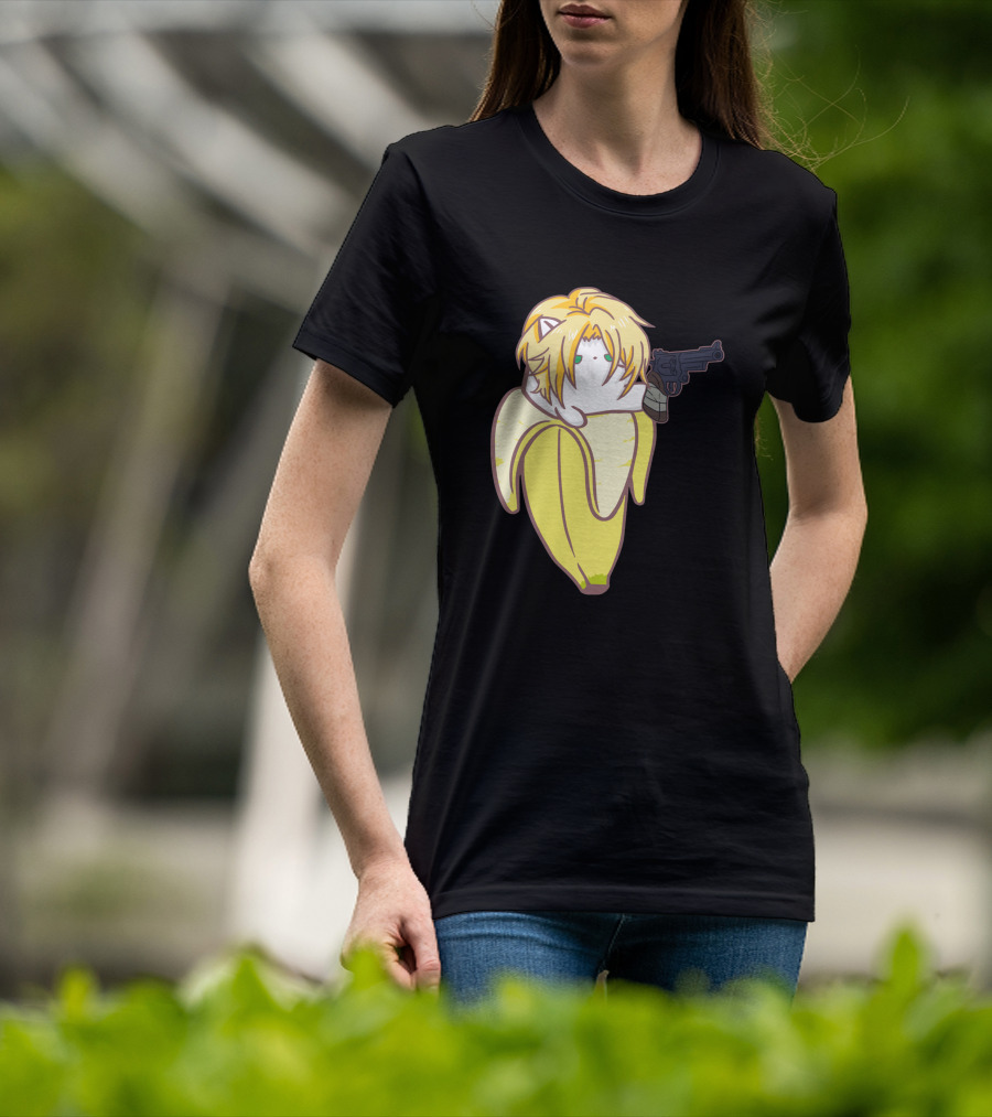 Bananya Fish 990217 Cat In Banana Costume With Toy Gun Anime T-Shirt