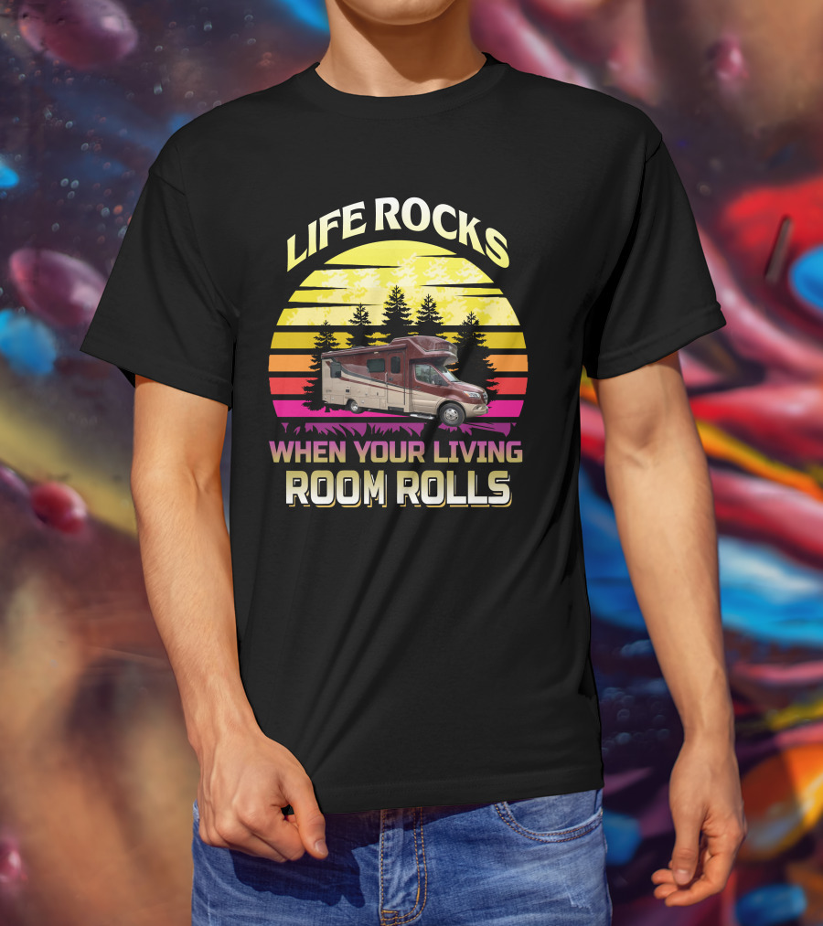 LIFE ROCKS WHEN YOUR LIVING ROOM ROLLS Campervan Vintage Sunset T-Shirt