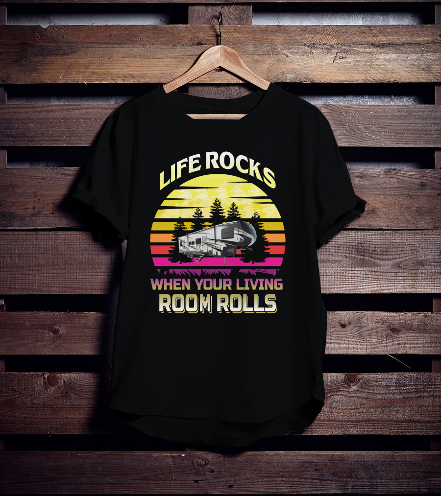 LIFE ROCKS WHEN YOUR LIVING ROOM ROLLS Heartland Torque 3 Sunset Camper Forest T-Shirt