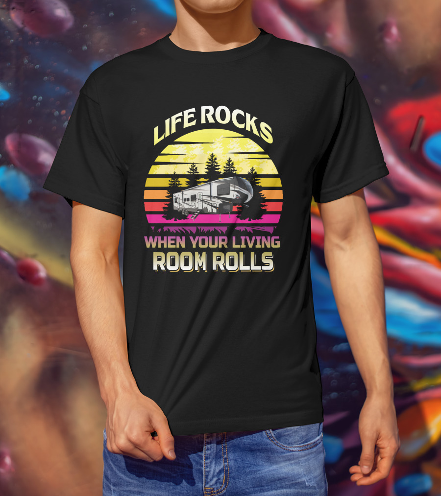 LIFE ROCKS WHEN YOUR LIVING ROOM ROLLS Heartland Torque 3 Sunset Camper Forest T-Shirt