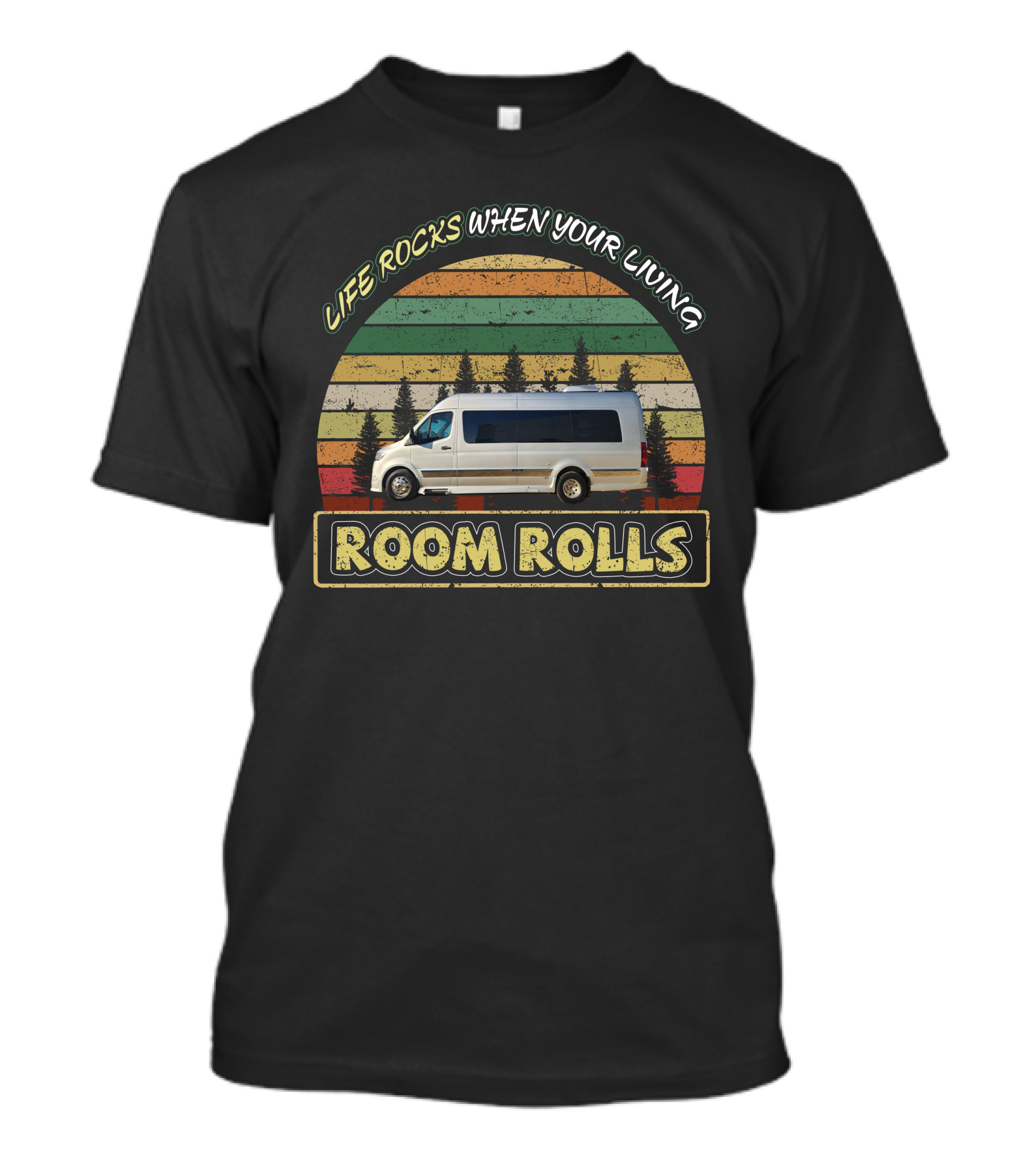 LIFE ROCKS WHEN YOUR LIVING ROOM ROLLS Grech Strada-ion Camper Van Retro Stripes Vintage Forest Adventure T-Shirt