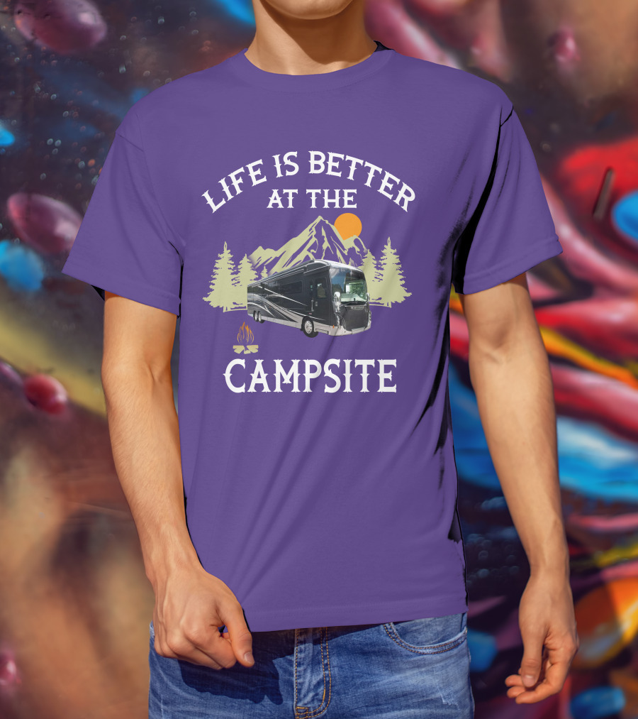 Life Is Better At The Campsite Winnebago 42QL Mountain Sunset Campfire T-Shirt