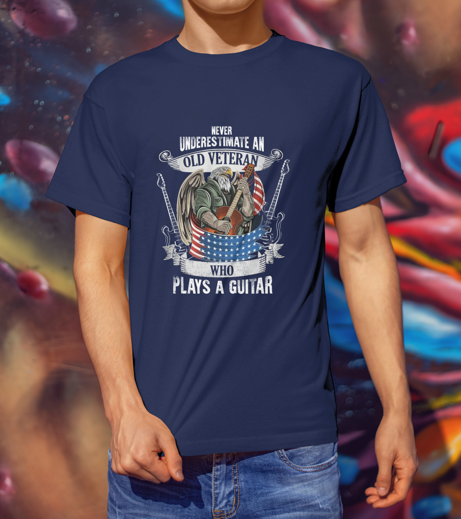 Never Underestimate An Old Veteran Who Plays A Guitar Eagle USA Flag T-Shirt