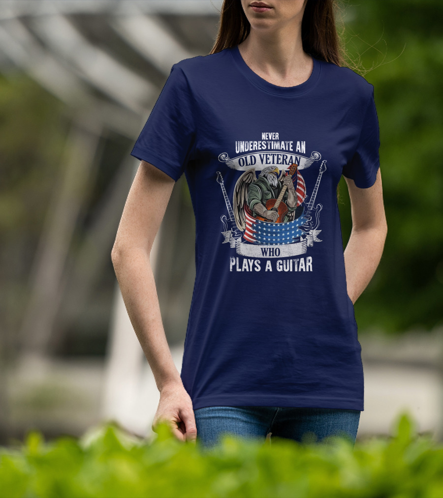 Never Underestimate An Old Veteran Who Plays A Guitar Eagle USA Flag T-Shirt