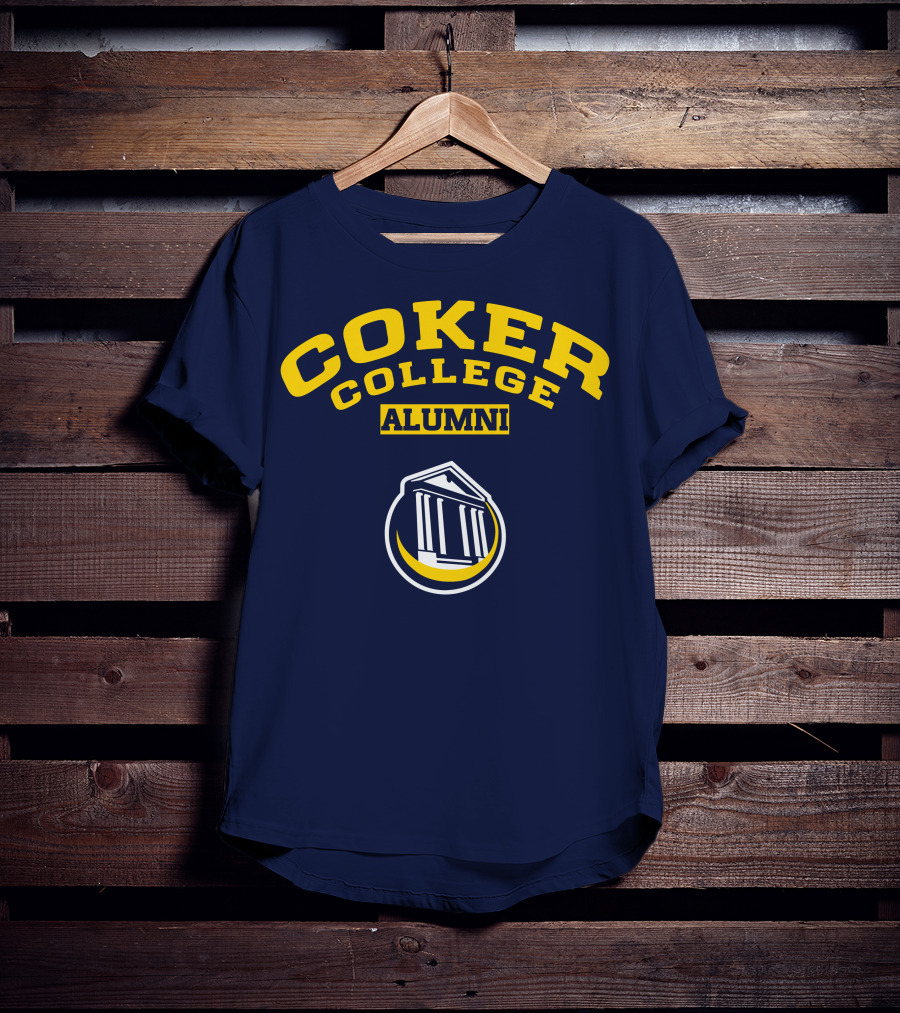 Coker College Alumni Yellow And Navy Blue Text With Greek Temple T-Shirt
