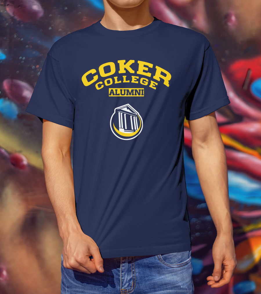 Coker College Alumni Yellow And Navy Blue Text With Greek Temple T-Shirt