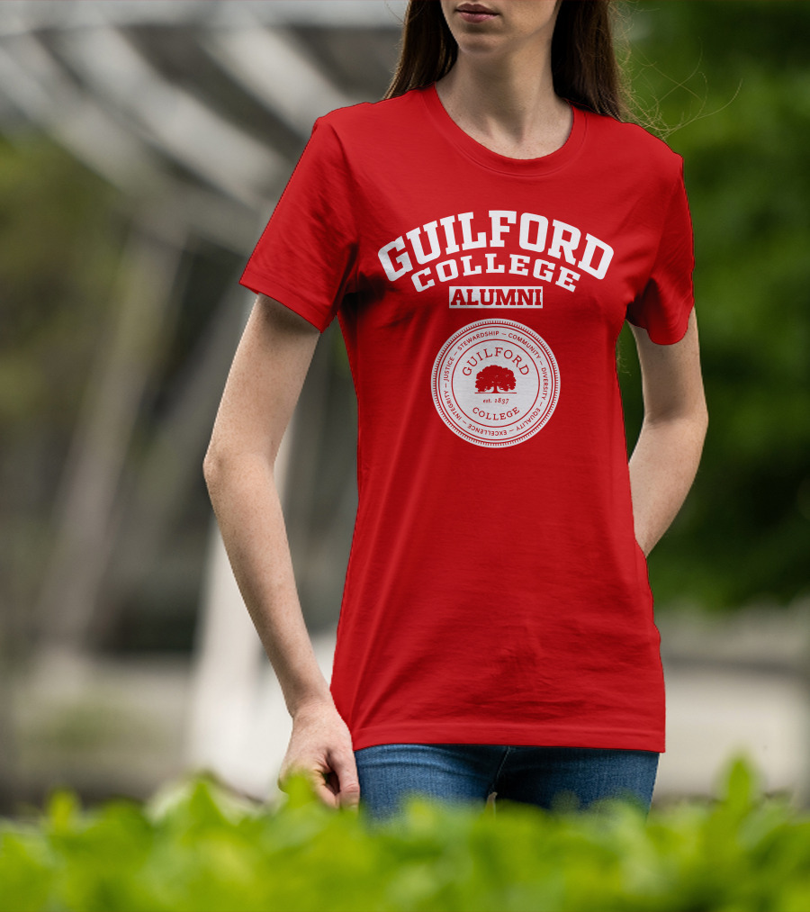 Guilford College Alumni Logo Seal Established 1837 Integrity Justice Stewardship Community Diversity Equality Excellence T-Shirt