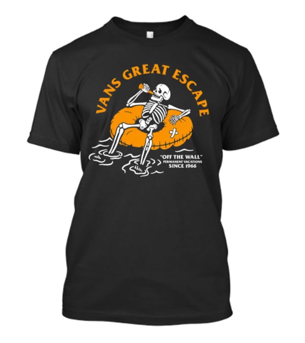 Vans Great Escape Off The Wall Permanent Vacations Since 1966 Skeleton On Inflatable Tube T-Shirt