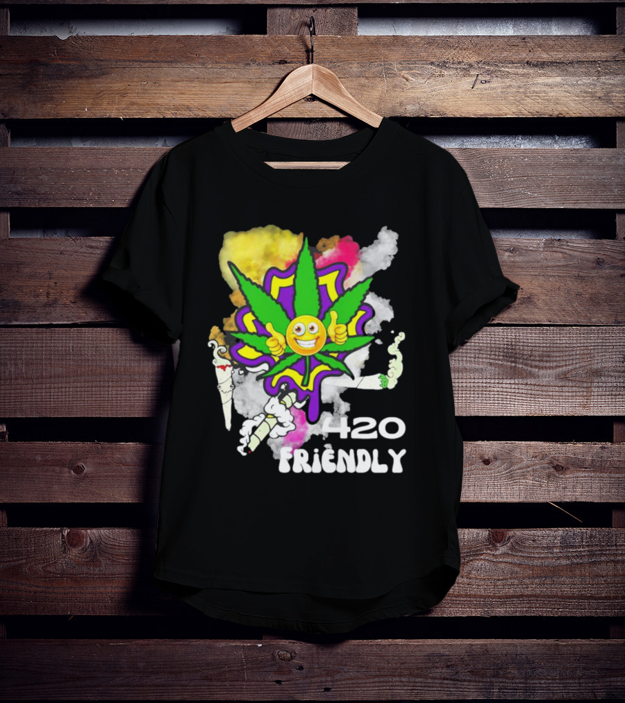 420 Friendly Happy Stoner Leaf With Smiley Face And Colorful Smoke T-Shirt