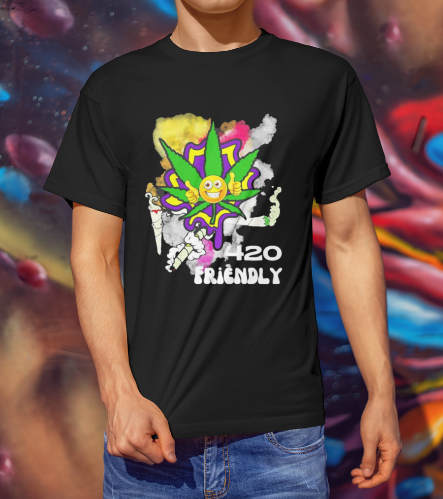 420 Friendly Happy Stoner Leaf With Smiley Face And Colorful Smoke T-Shirt