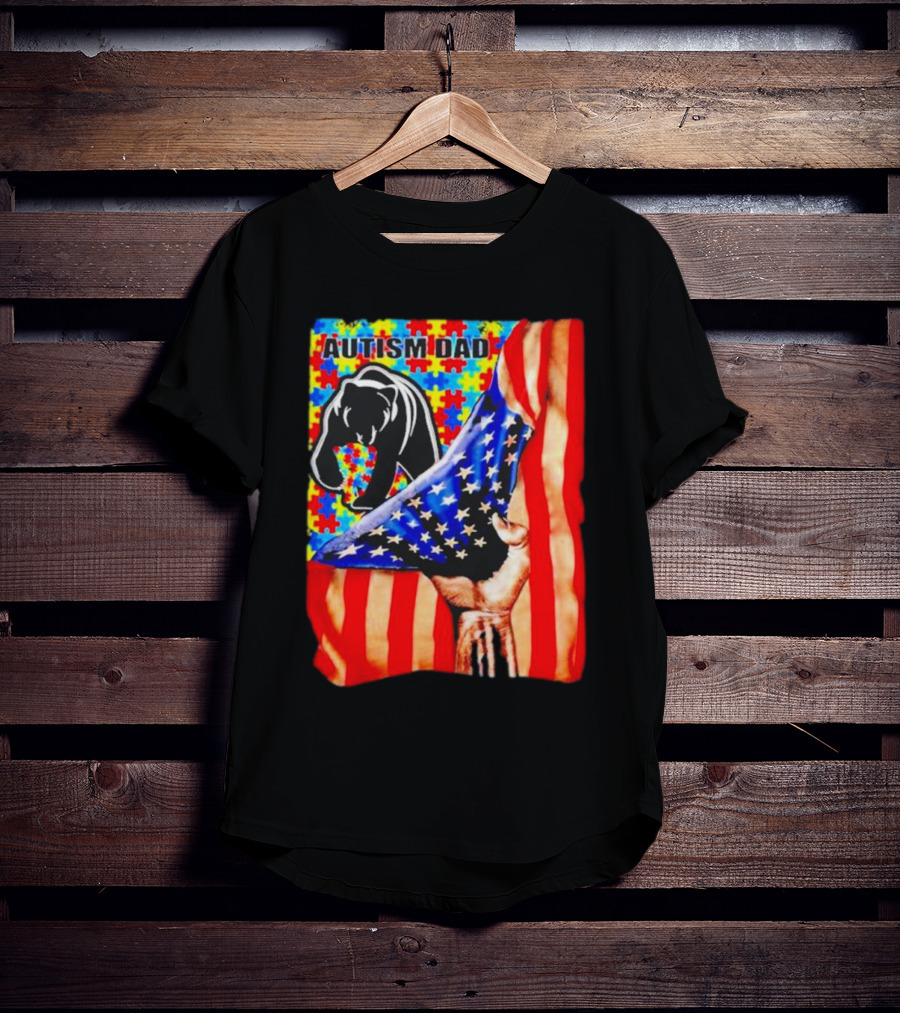 Autism Dad Bear USA Flag Puzzle Awareness T-Shirt
