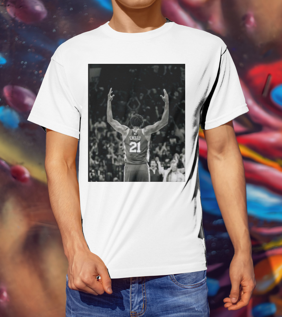 Joel Troel Embiid 21 Basketball Celebration Back View T-Shirt