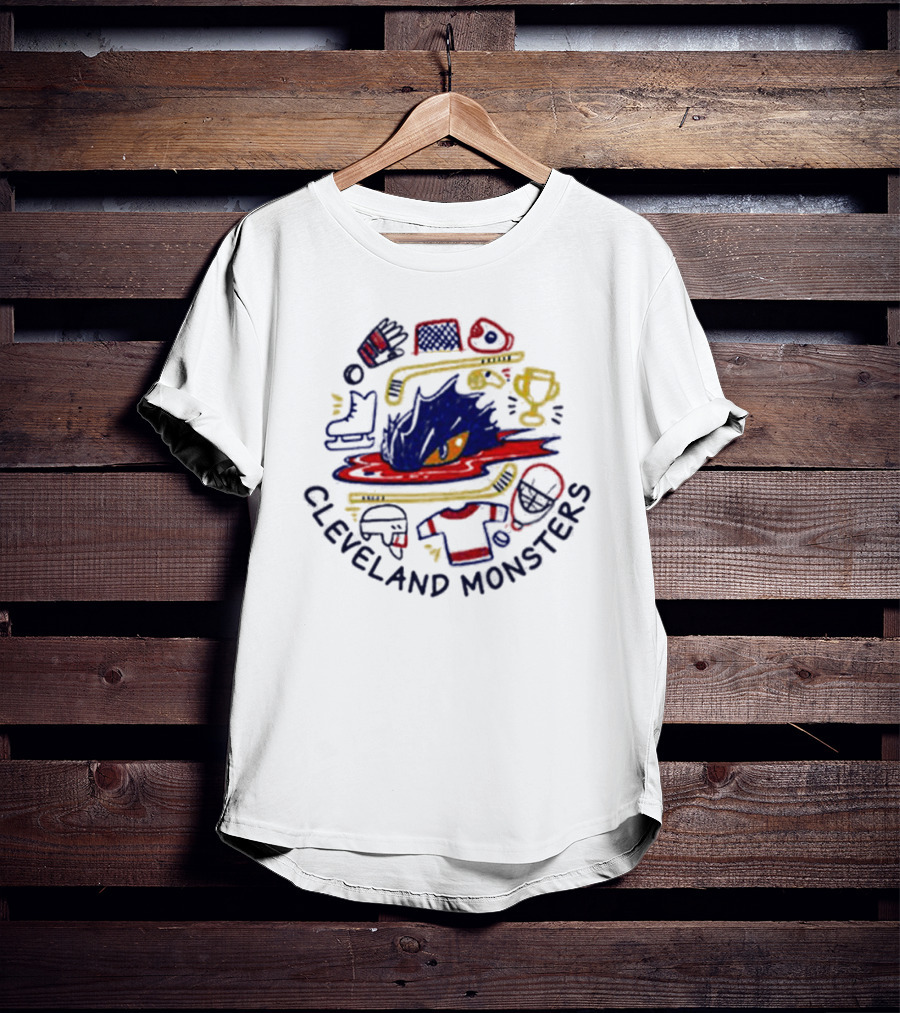 Cleveland Monsters Doodle Hockey Trophy Skates Helmet T-Shirt