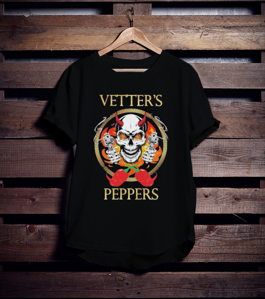 Vetter’s Peppers Skull With Red Horns And Dual Pistols Surrounded By Flames And Chili Peppers T-Shirt