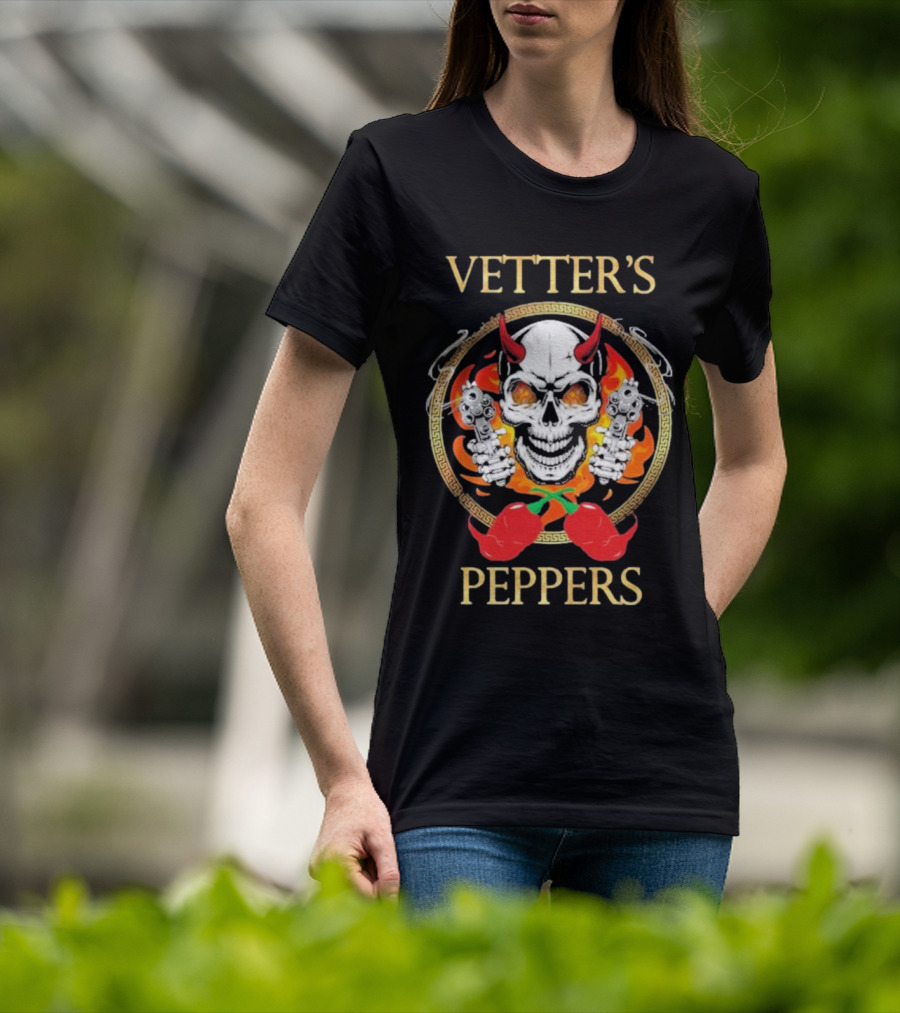 Vetter’s Peppers Skull With Red Horns And Dual Pistols Surrounded By Flames And Chili Peppers T-Shirt