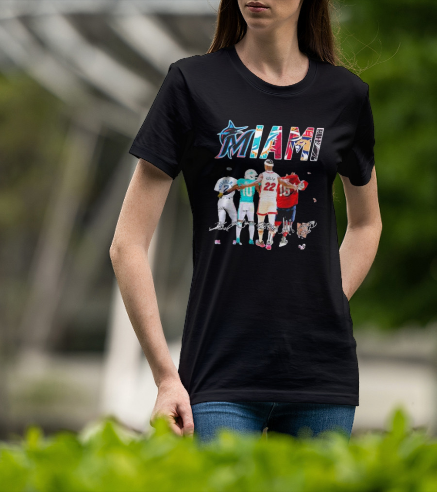 Miami Marlins Dolphins Heat Panthers Players Signatures T-Shirt