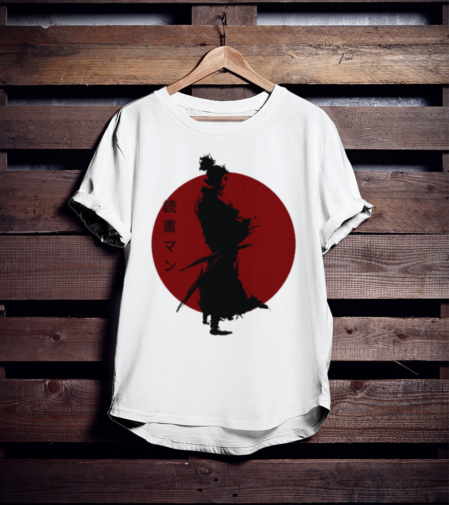 Miyamoto Musashi Samurai Silhouette Red Sun Kanji Reading Man T-Shirt