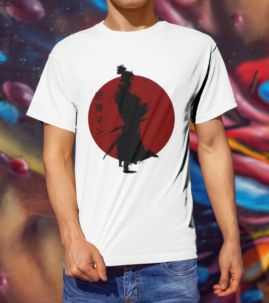 Miyamoto Musashi Samurai Silhouette Red Sun Kanji Reading Man T-Shirt