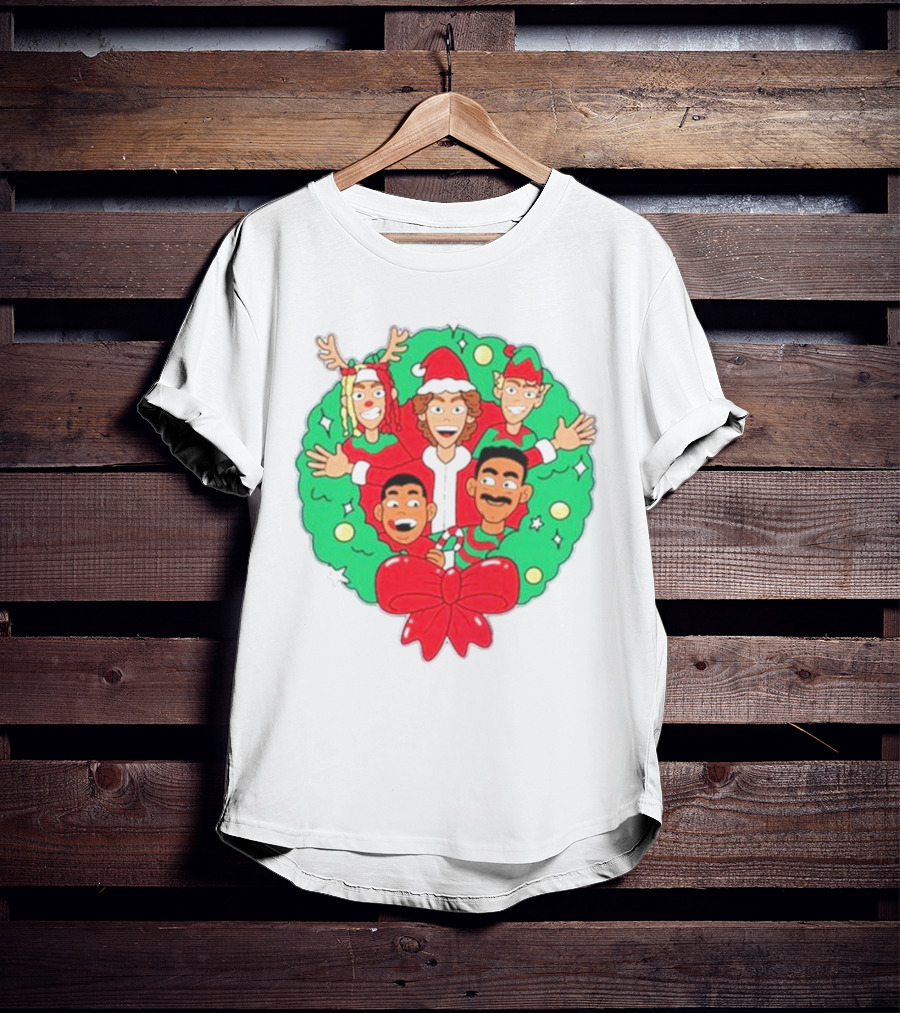 Baylen Levine Christmas Cartoon Characters In Holiday Wreath With Bow And Santa Hat T-Shirt