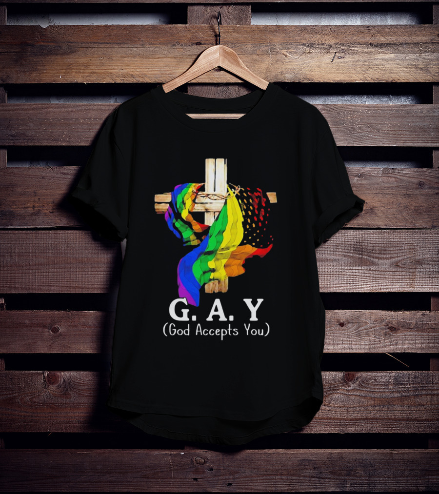 GAY Pride Cross God Accepts You Rainbow Flag T-Shirt