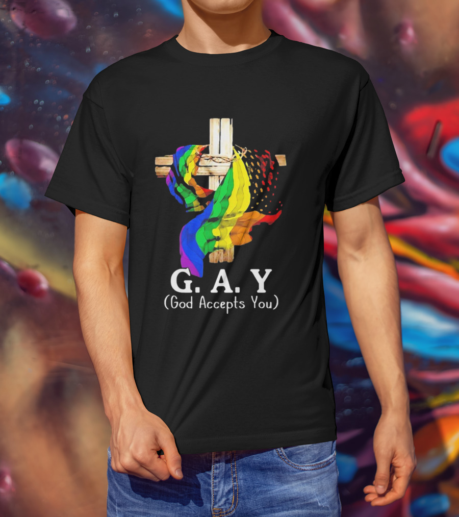 GAY Pride Cross God Accepts You Rainbow Flag T-Shirt