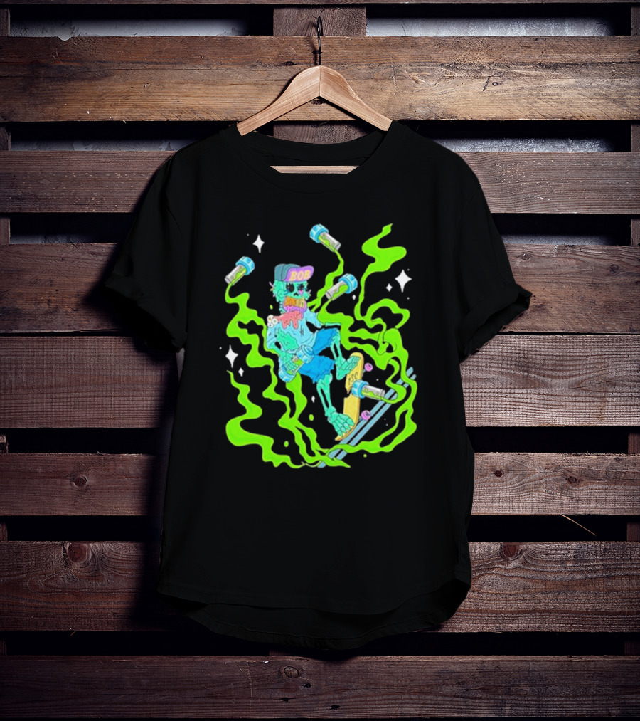 Toxic Skulls Club Bobburnquist Skateboarding Skeleton With Green Smoke And Skateboard T-Shirt