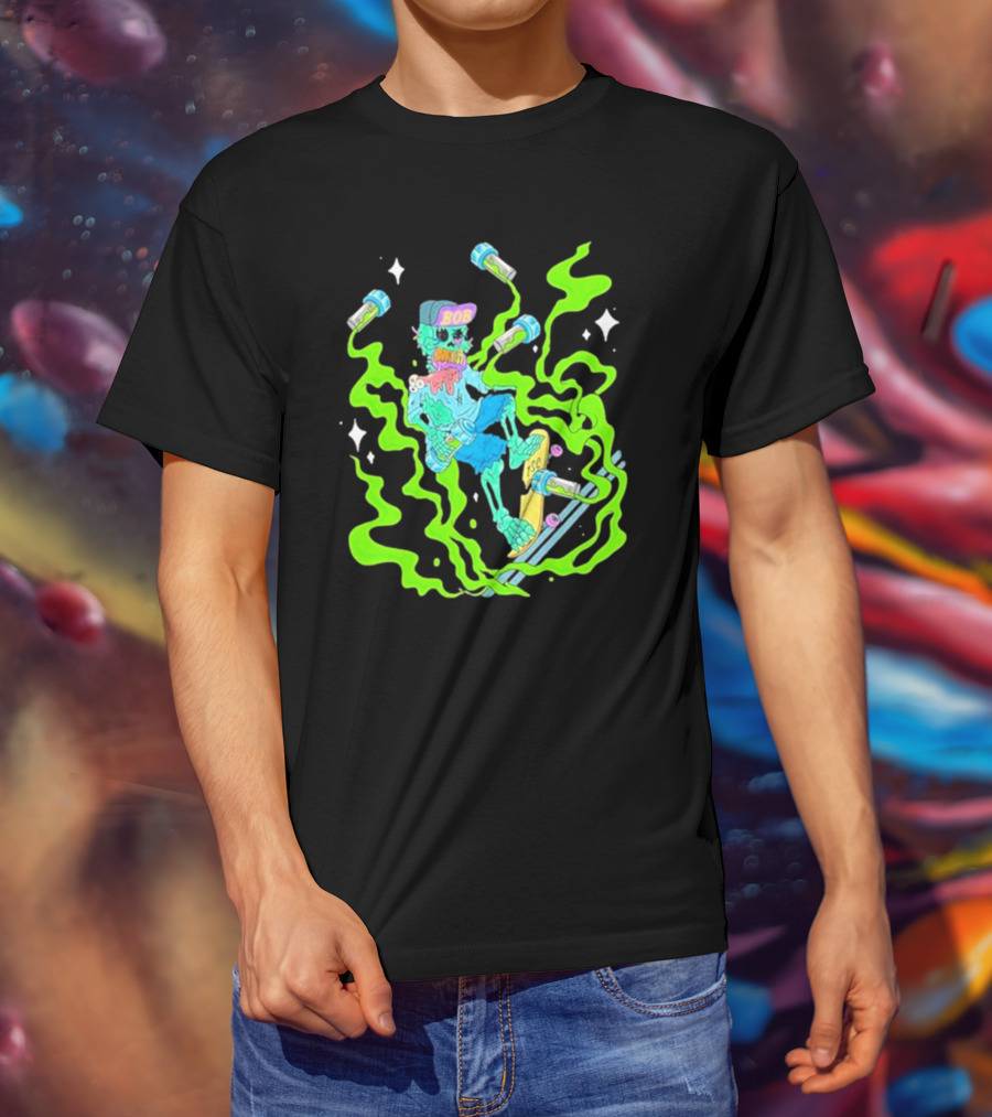 Toxic Skulls Club Bobburnquist Skateboarding Skeleton With Green Smoke And Skateboard T-Shirt