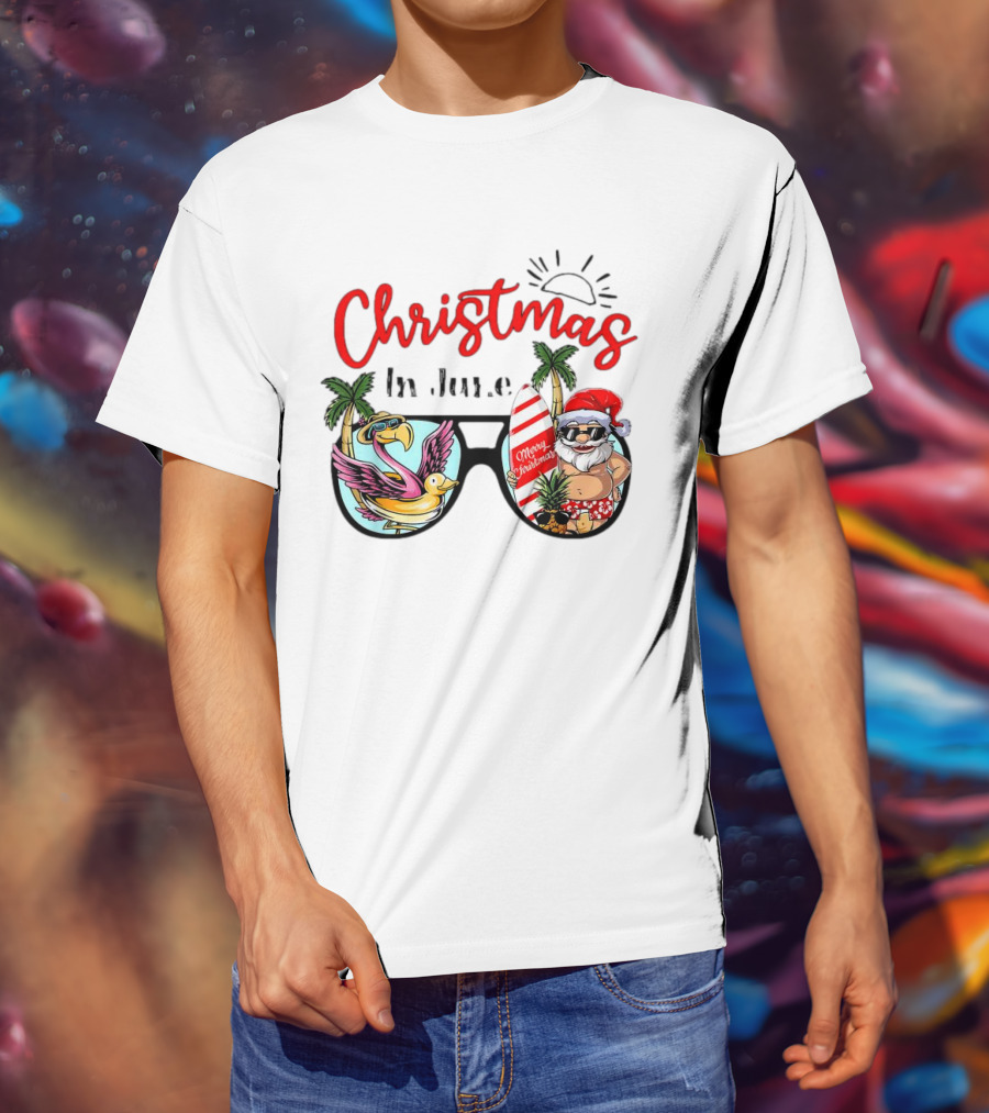 Christmas In June Sunglasses Santa Flamingo Merry Christmas Summer Vacation T-Shirt