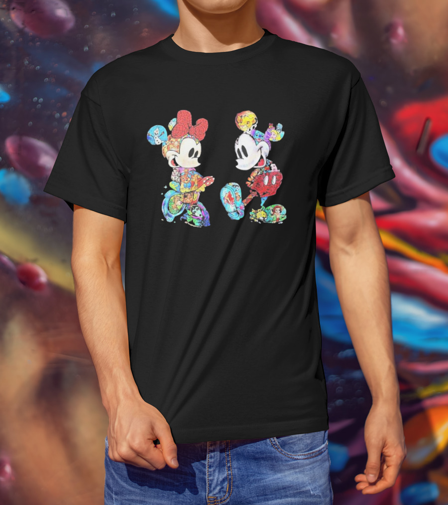Couple Mickey Minnie Disney Characters Collage T-Shirt