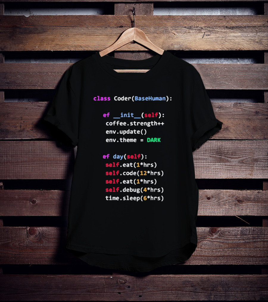 Programmerhumor Class Coder BaseHuman Init Self Coffee Strength Day Eat Code Debug Sleep Theme Dark T-Shirt