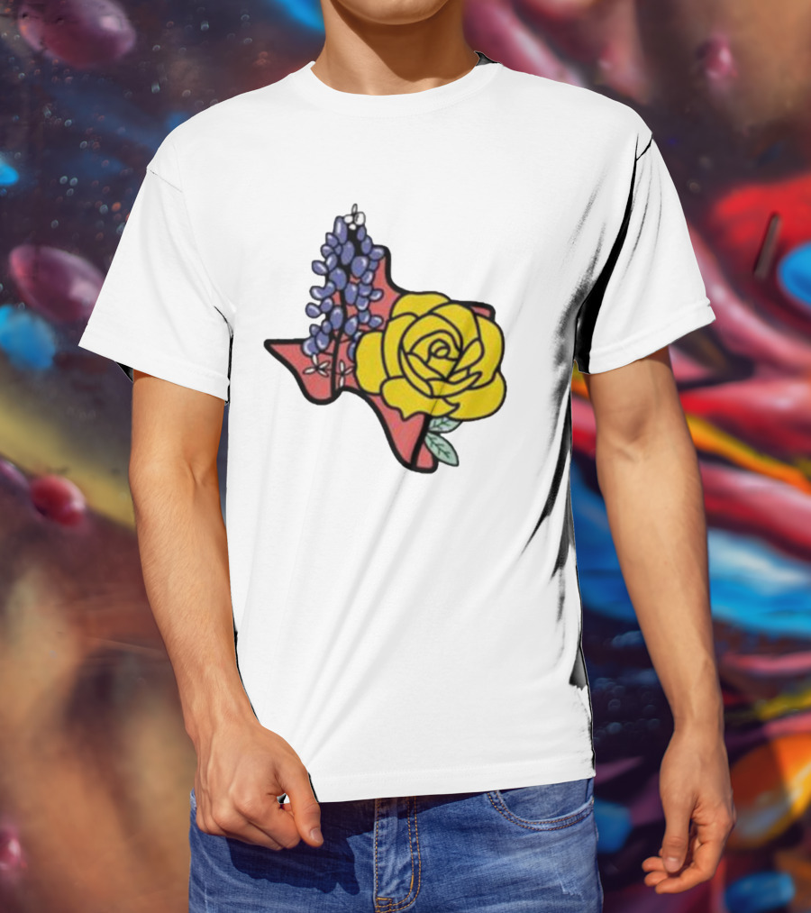 Texas Wildflower Humor Yellow Rose Bluebonnet State Outline T-Shirt