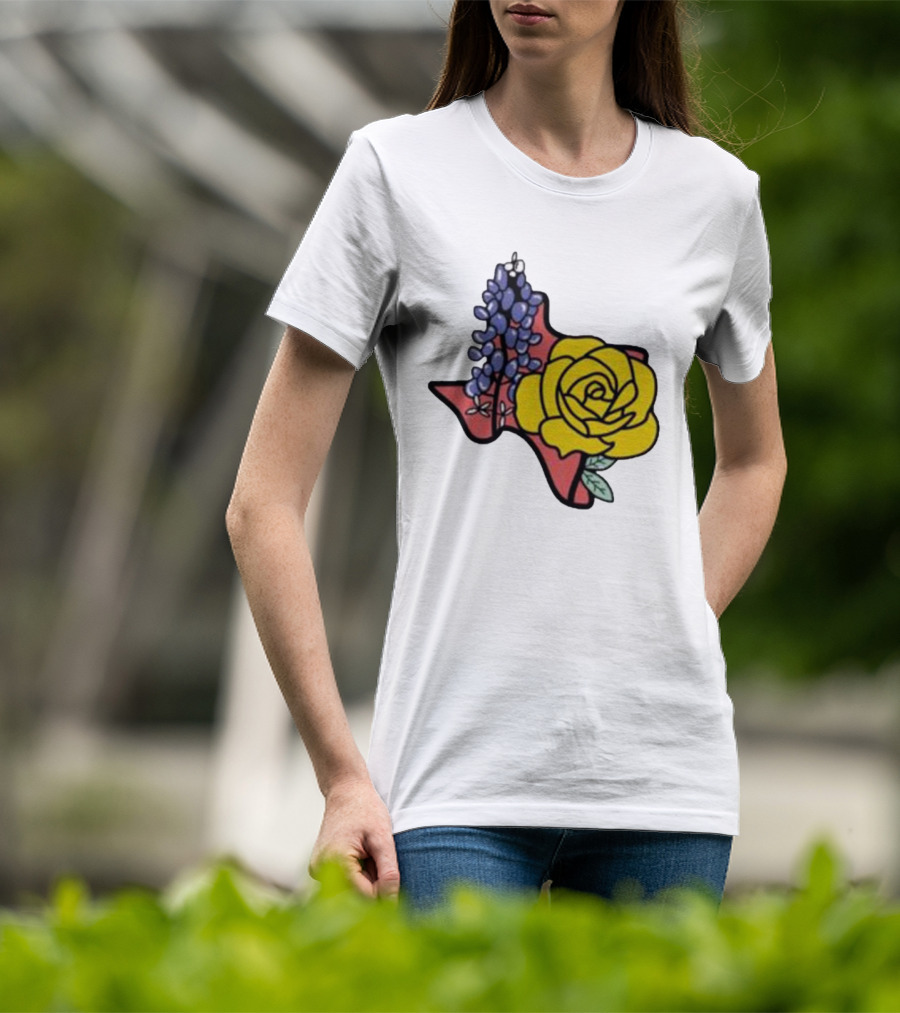 Texas Wildflower Humor Yellow Rose Bluebonnet State Outline T-Shirt