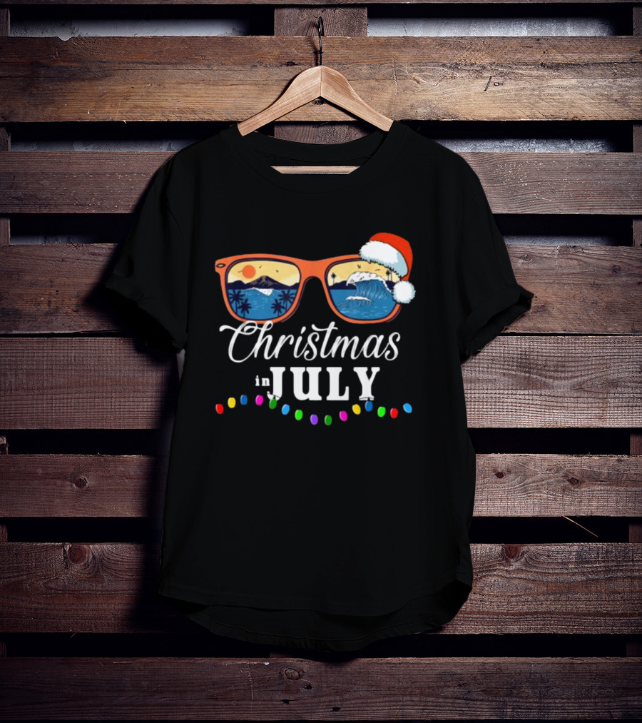 Christmas In July Santa Beach Vacation Sunglasses Holiday Lights T-Shirt