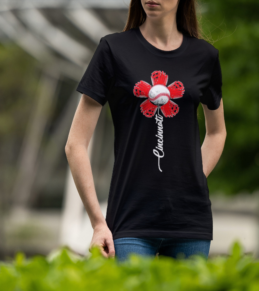 Cincinnati Baseball Flower With Baseball Center And Red Glove Petals T-Shirt