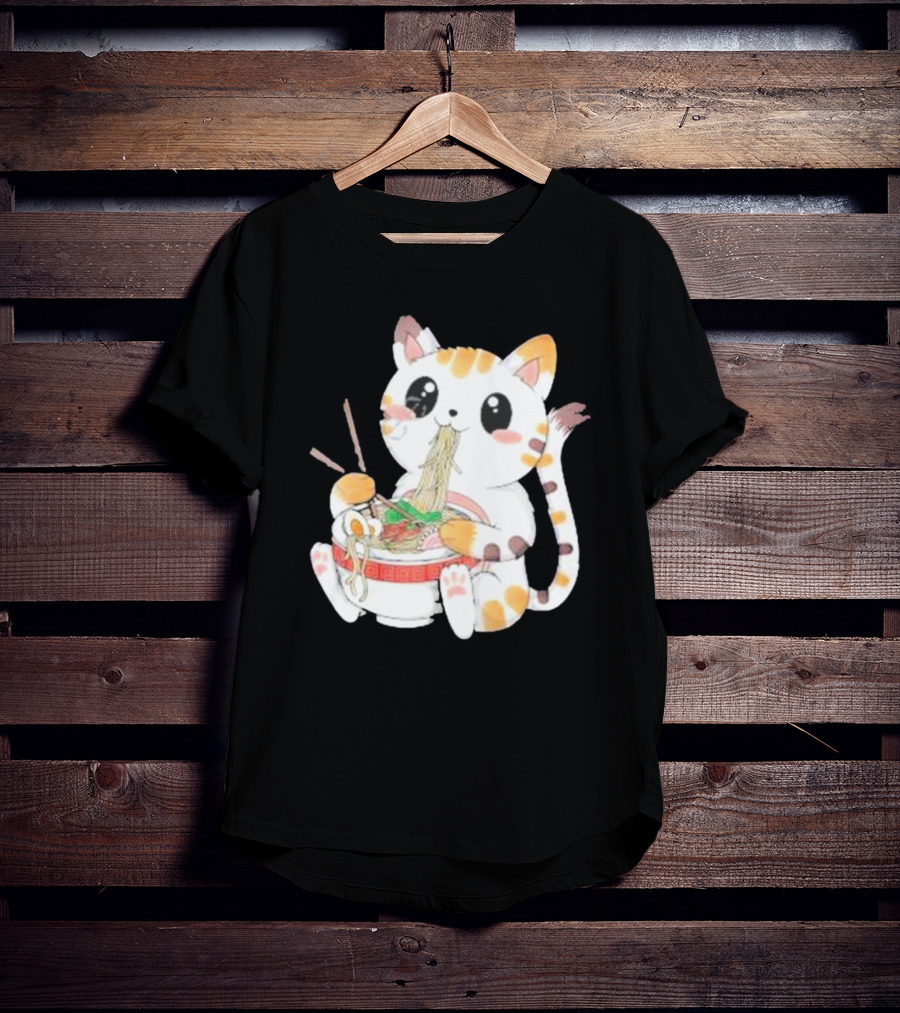 Kawaii Neko Eating Ramen In Cute Cartoon T-Shirt