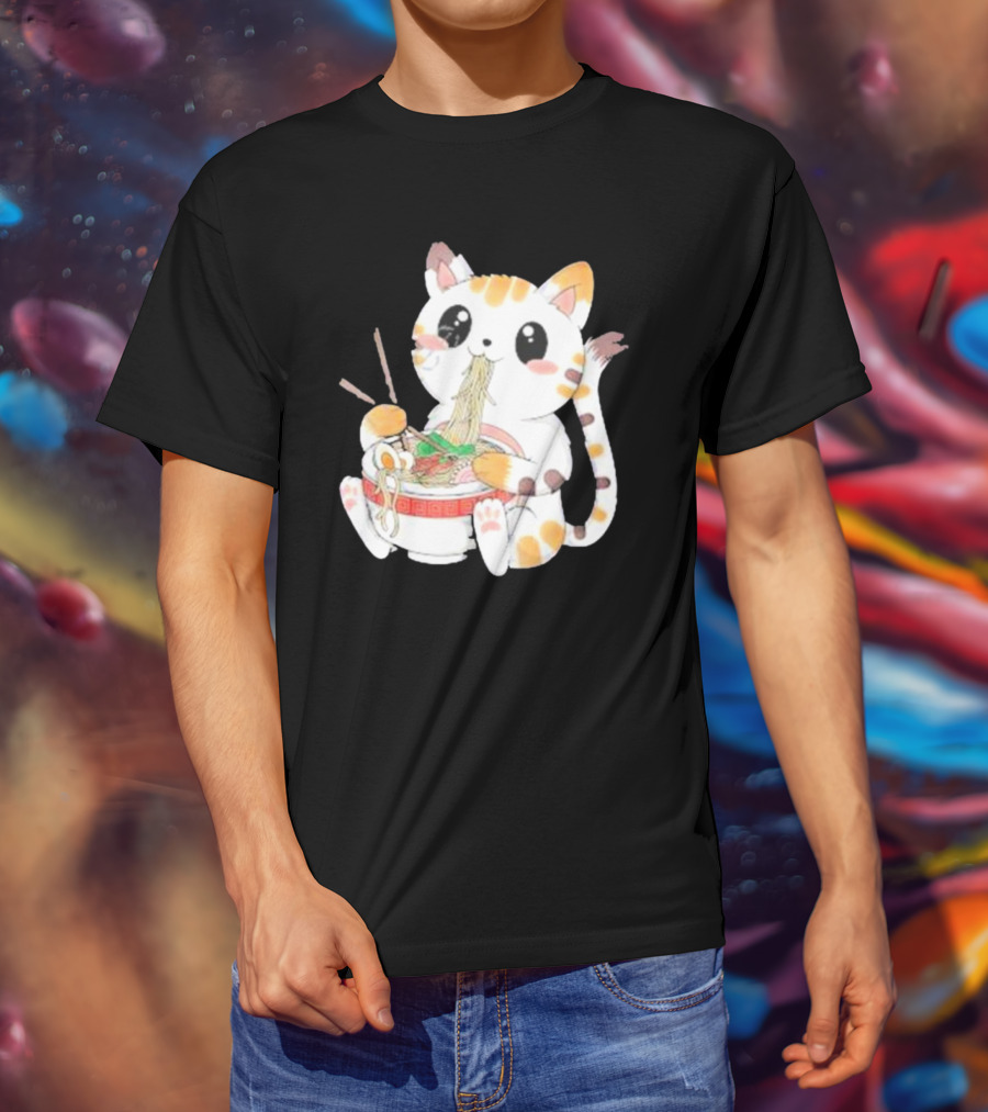 Kawaii Neko Eating Ramen In Cute Cartoon T-Shirt