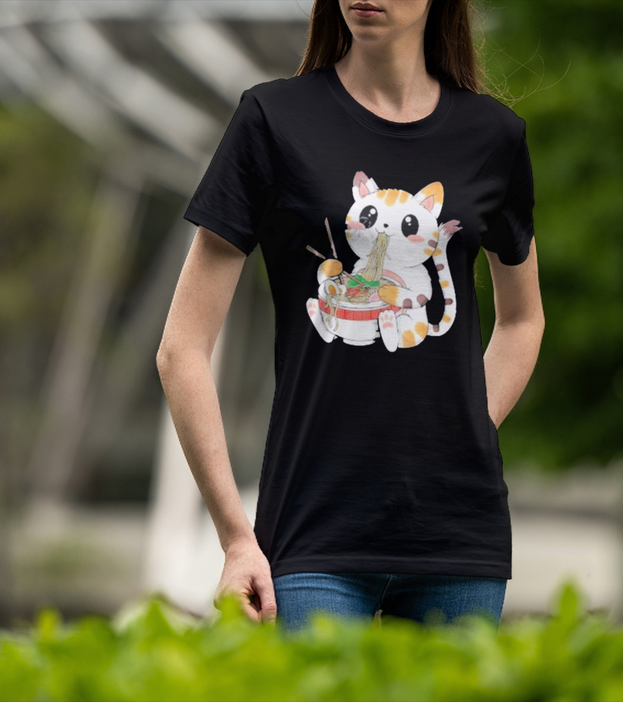 Kawaii Neko Eating Ramen In Cute Cartoon T-Shirt