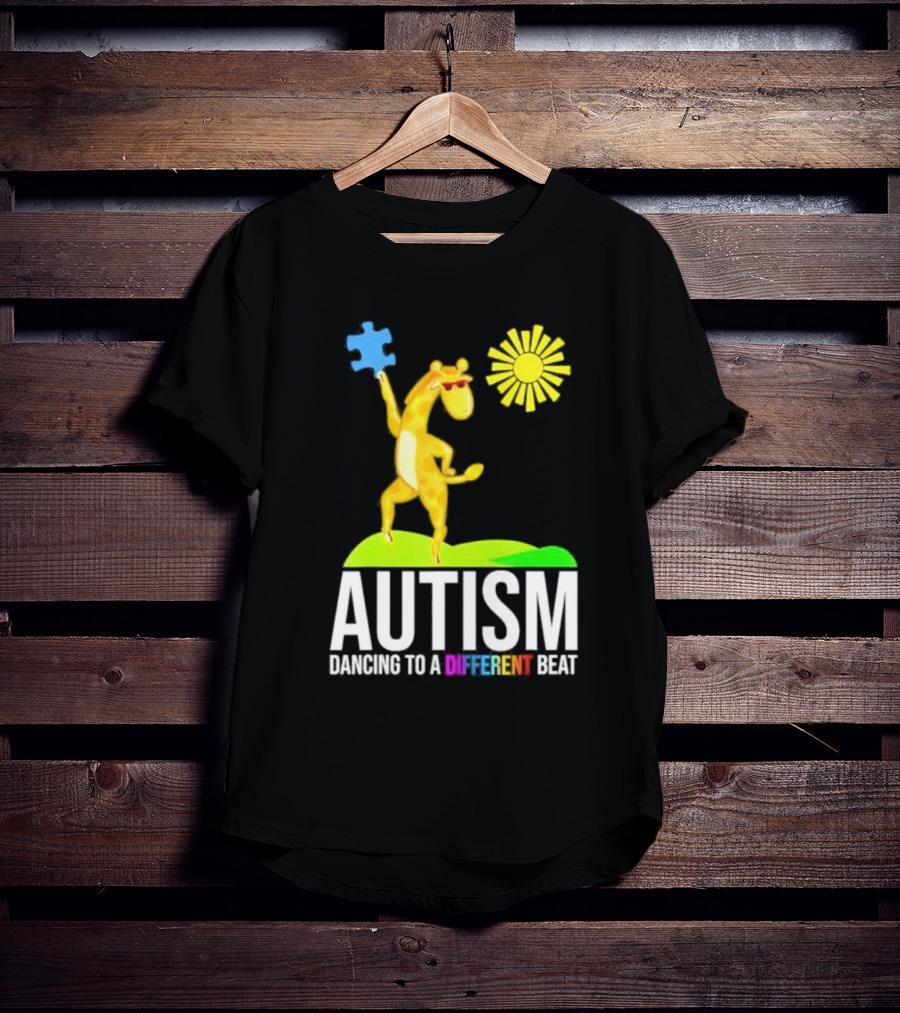 Giraffe With Puzzle Piece And Sun Celebrating Autism Dancing To A Different Beat T-Shirt