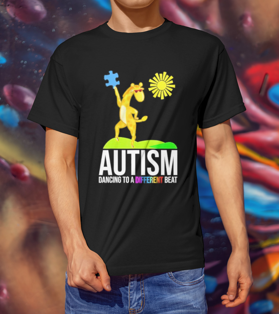 Giraffe With Puzzle Piece And Sun Celebrating Autism Dancing To A Different Beat T-Shirt