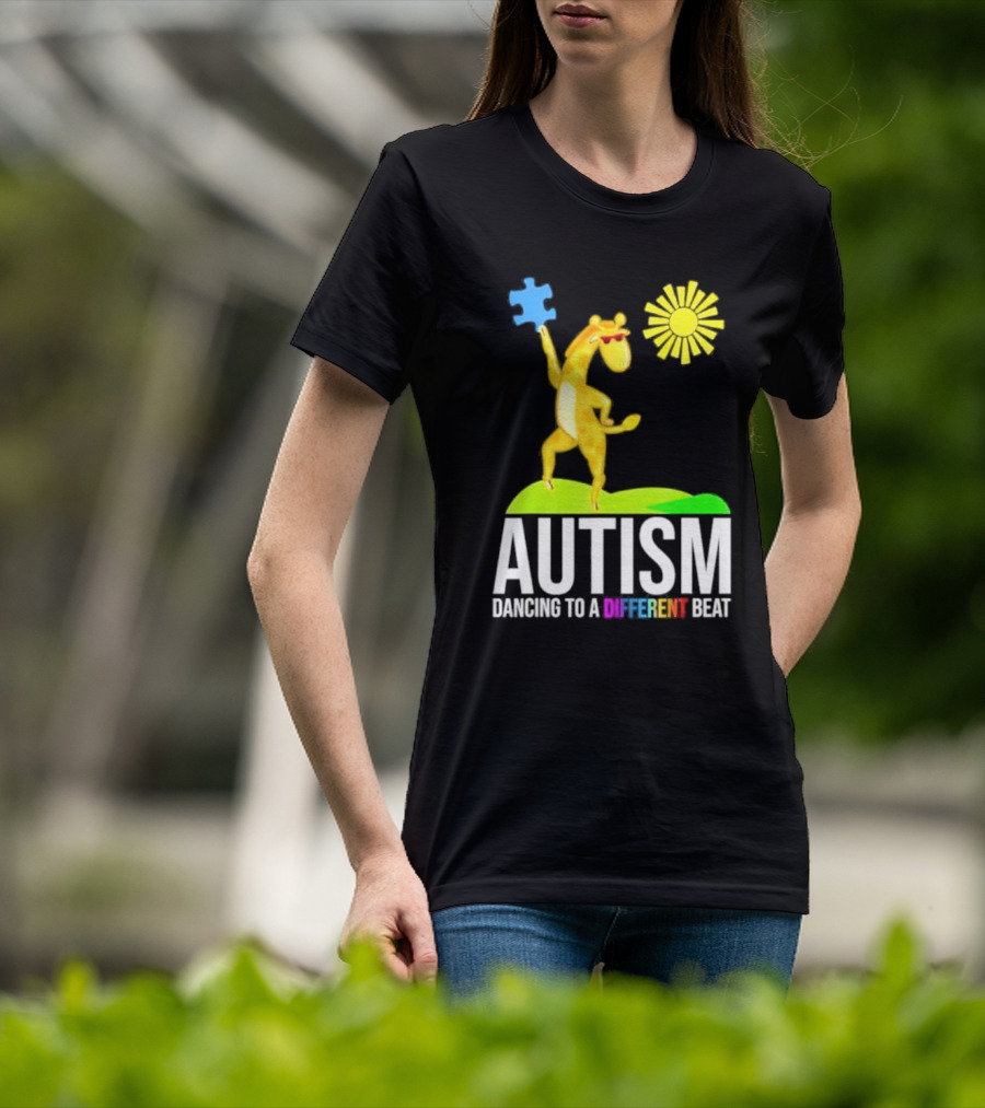 Giraffe With Puzzle Piece And Sun Celebrating Autism Dancing To A Different Beat T-Shirt