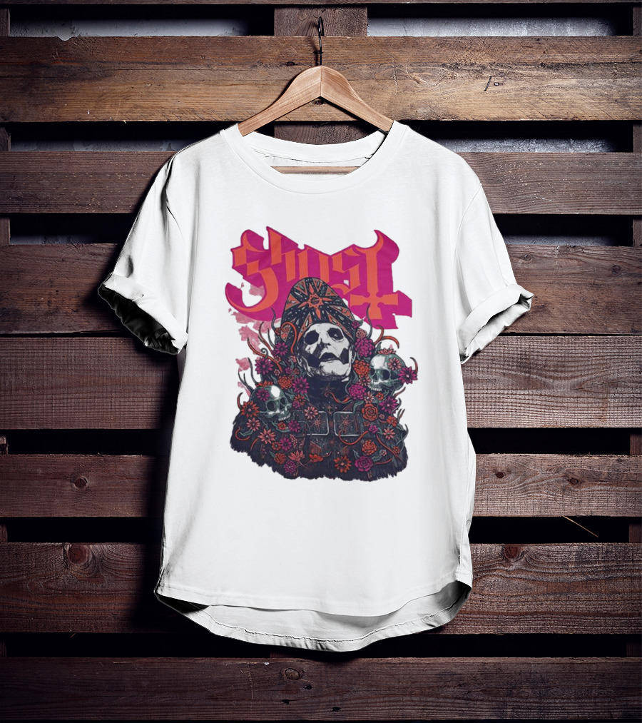 Ghost Skull In Floral Bliss Pink Crystal Wash T-Shirt