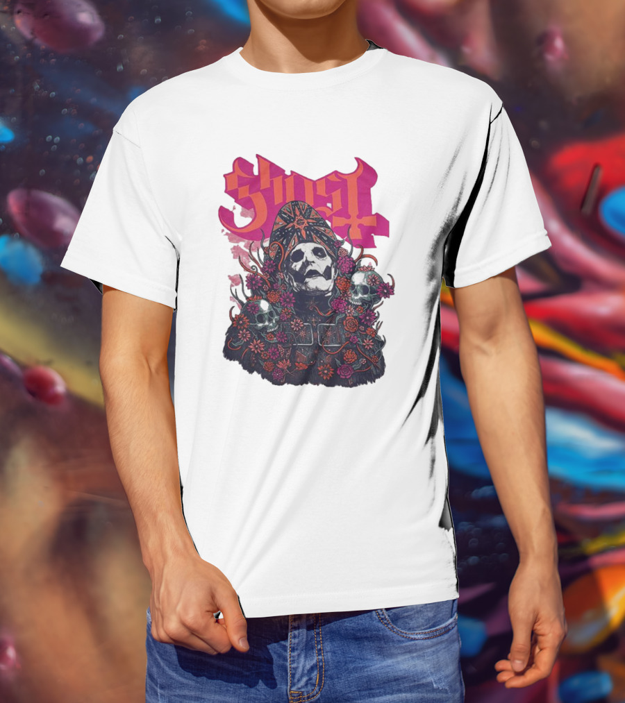 Ghost Skull In Floral Bliss Pink Crystal Wash T-Shirt